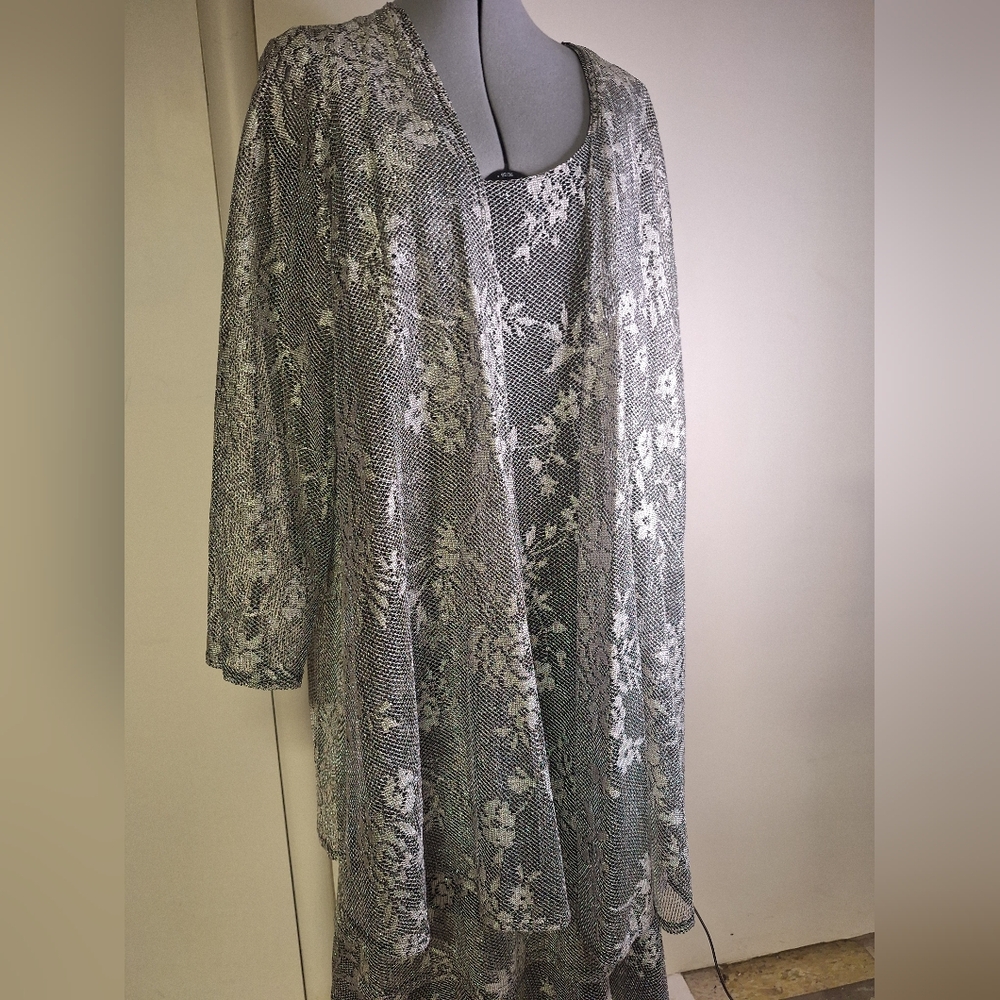 Champagne Women's Midi Dress - Black and Silver Lace Size 12/14